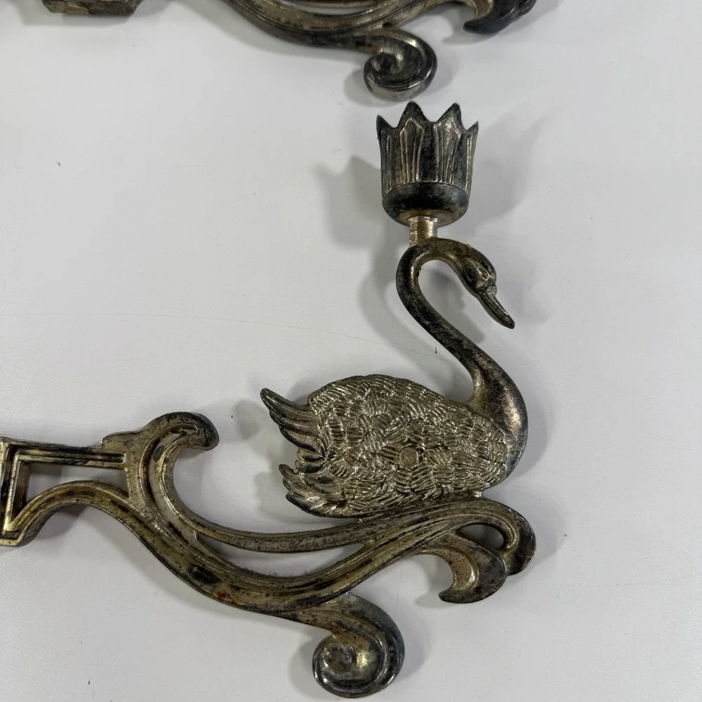 Vintage Silver Plated Swan Candle Stick Holder Wall Mounted Ornate Set Of 2